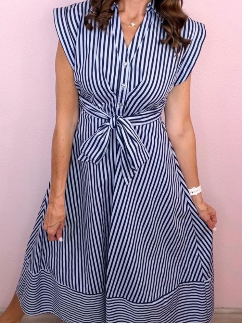 Entro Navy and Light Blue Striped Midi Dress